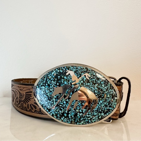 VINTAGE CHAMBERS Tooled Leather Turquoise Silver Buckle south Western Aztec Belt - Picture 1 of 11